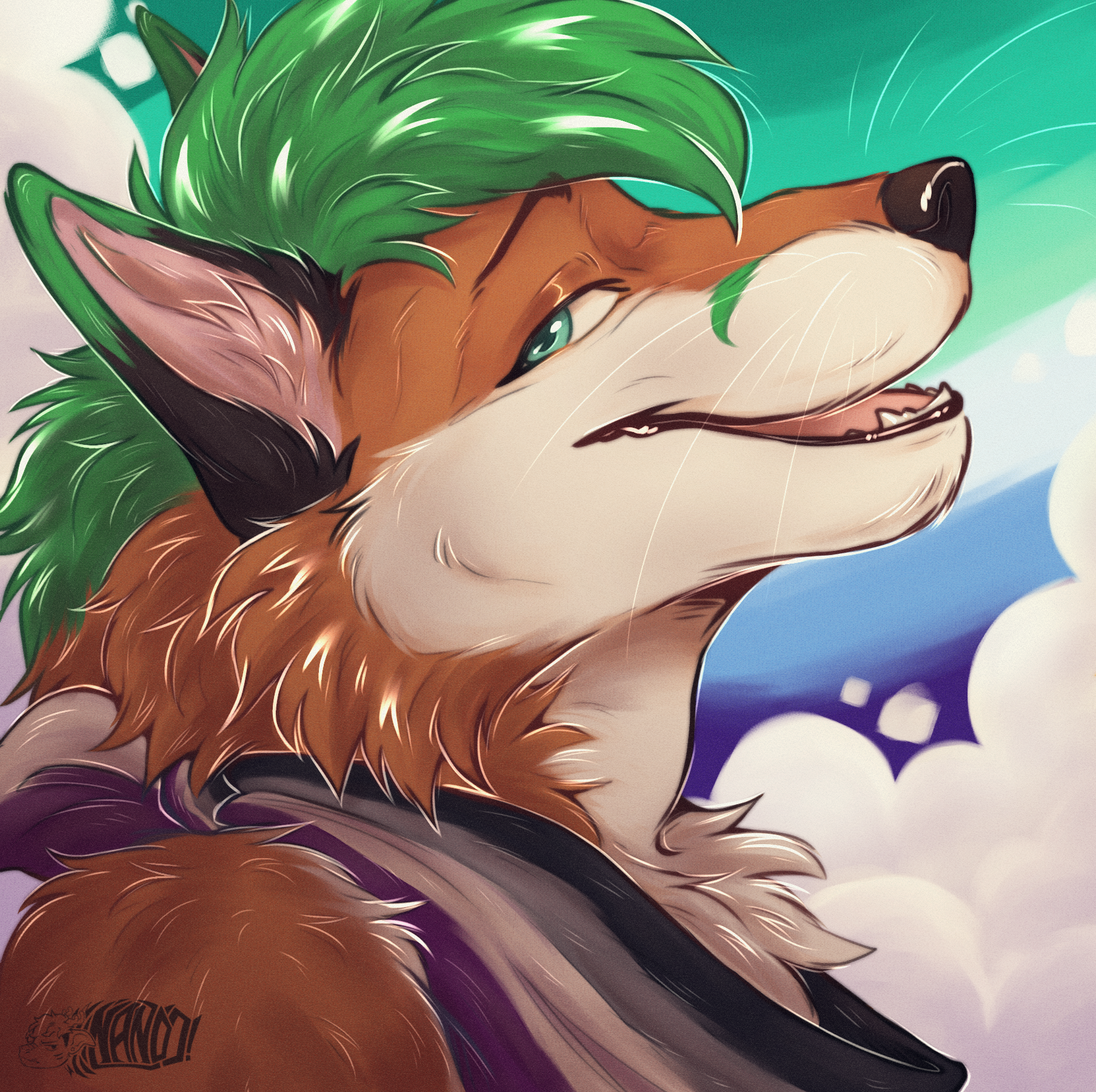 A headshot of Ryker from a side angle, looking toward the 
viewer with a content expression. He's wearing a bandana around his neck with the ace pride flag on 
it, and the background is a sky with the MLM pride flag colors and clouds.