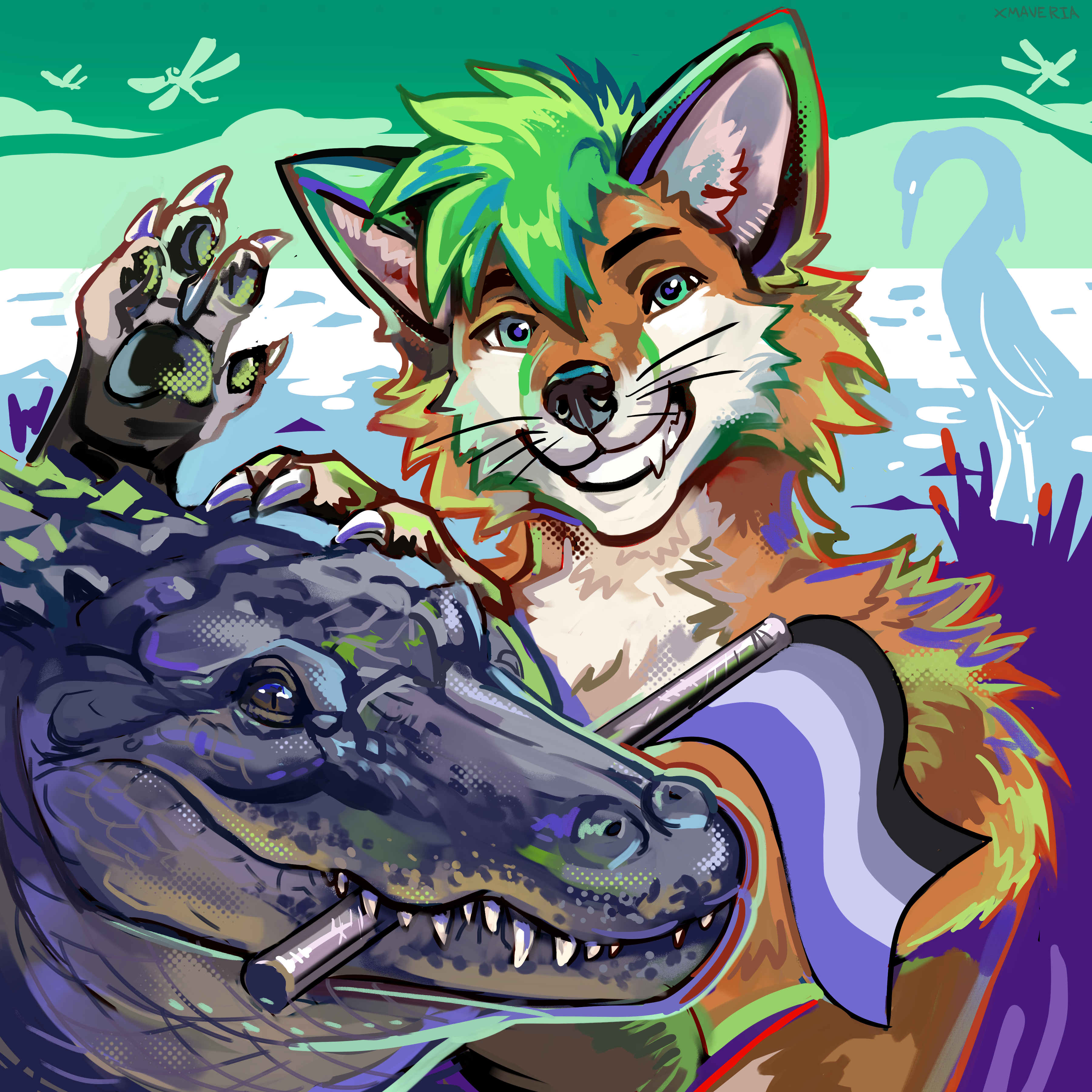 An icon with Ryker posing with a feral gator. Ryker has one 
hand resting on the gator's head and one playfully showing off his claws, looking at the viewer 
with a relaxed smile. The gator has an ace pride flag in its mouth and the background is a stylized 
rendition of the MLM pride flag to resemble a marshy environment.